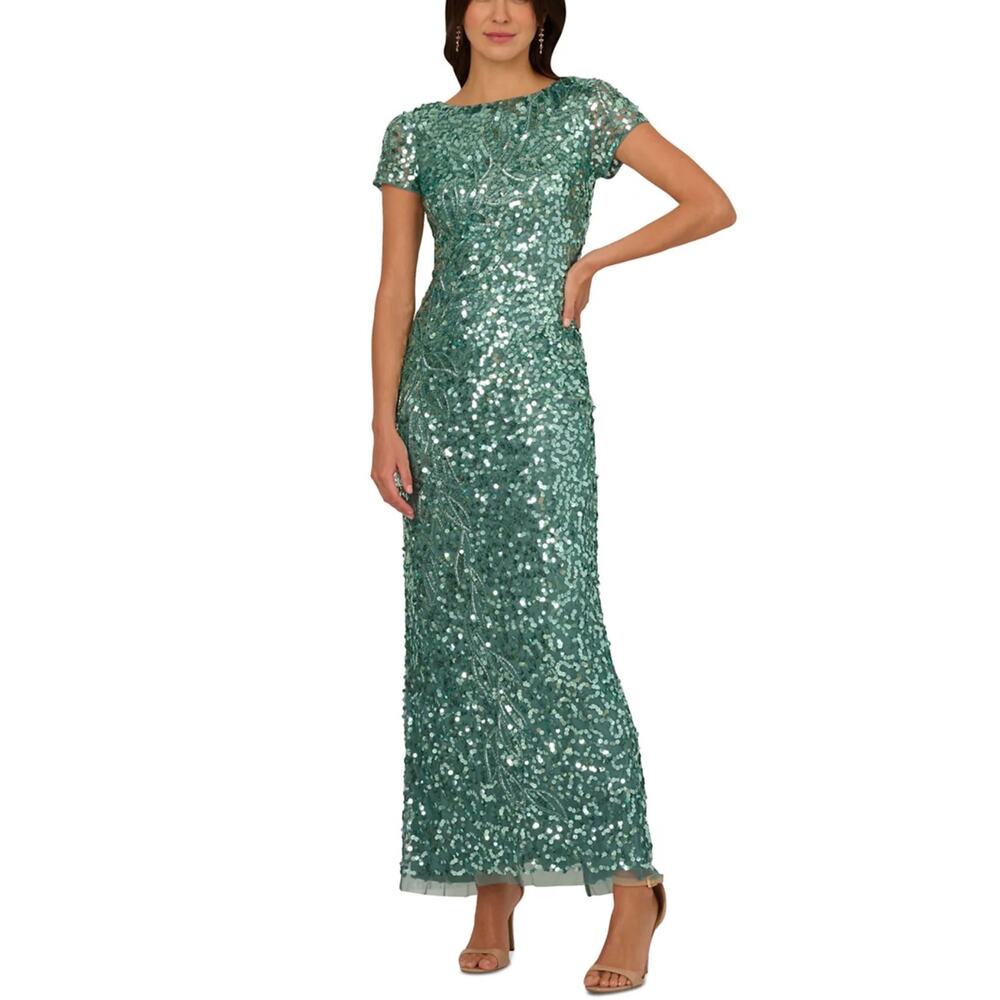 Adrianna Papell Green Column Evening Gown Sequined Short Sleeve Dress Size 8